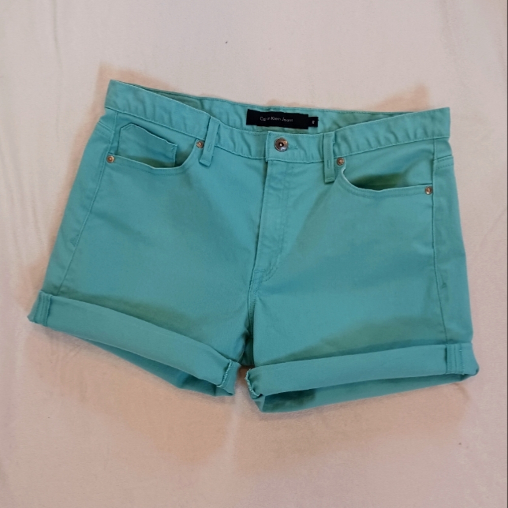 Calvin Klein Jean Shorts Teal Women Size 12 Denim